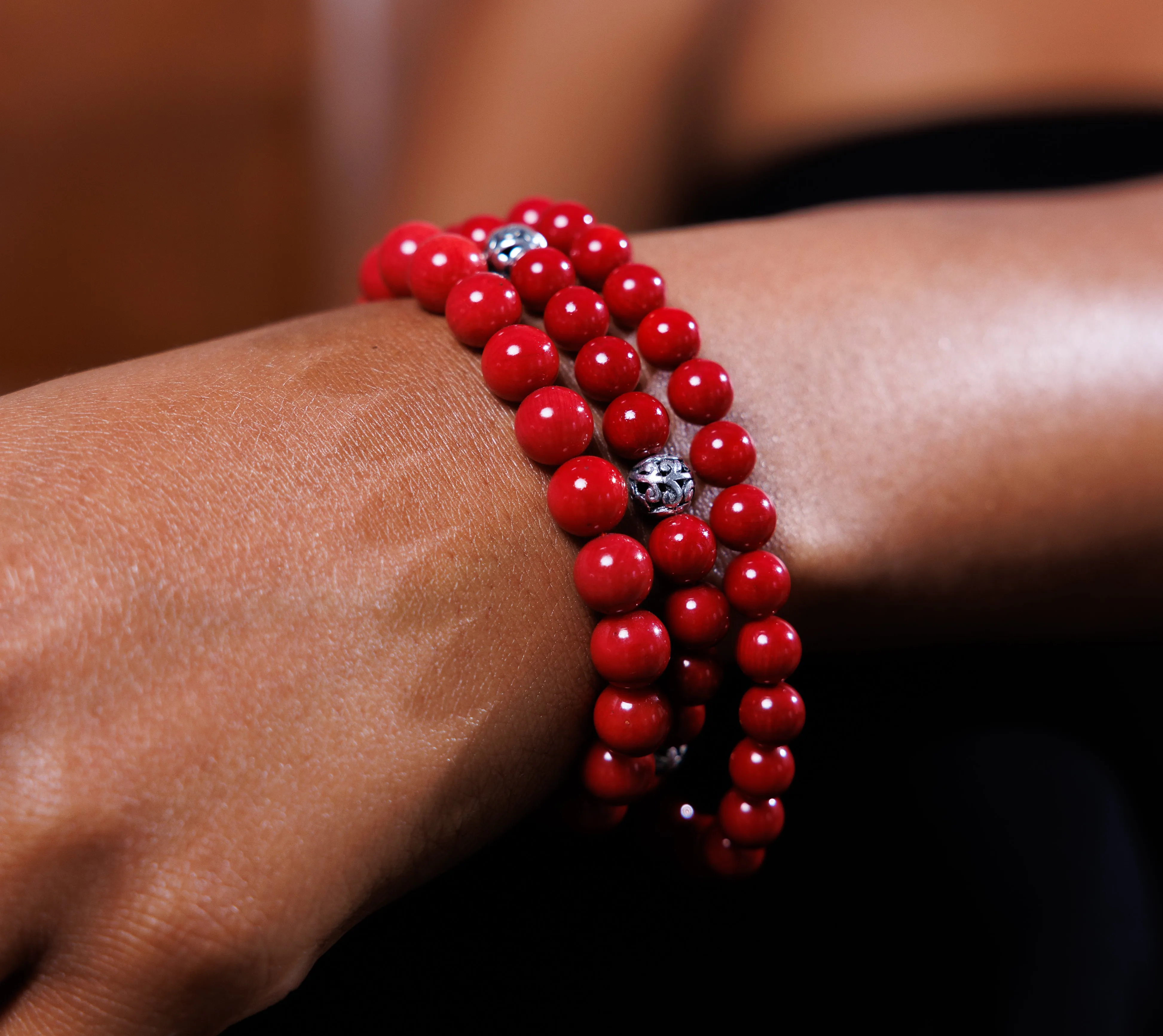 Sterling Silver Red Coral Bali Natural Gemstone Bracelet