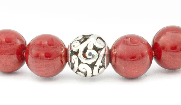 Sterling Silver Red Coral Bali Natural Gemstone Bracelet