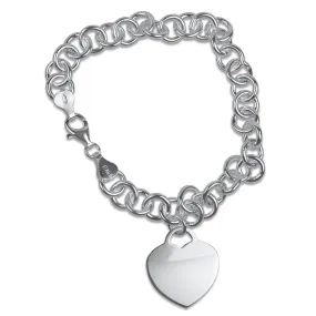 Sterling Silver Round Link Bracelet with Heart Charm