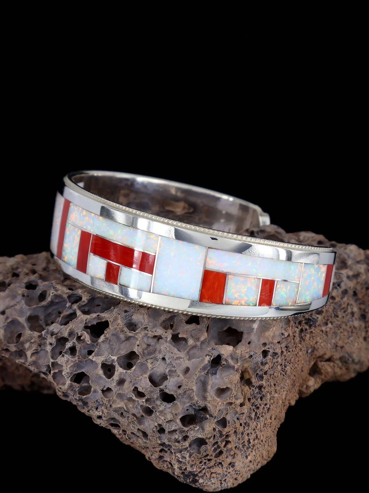 Sterling Silver Zuni Opalite and Coral Inlay Cuff Bracelet