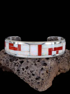 Sterling Silver Zuni Opalite and Coral Inlay Cuff Bracelet