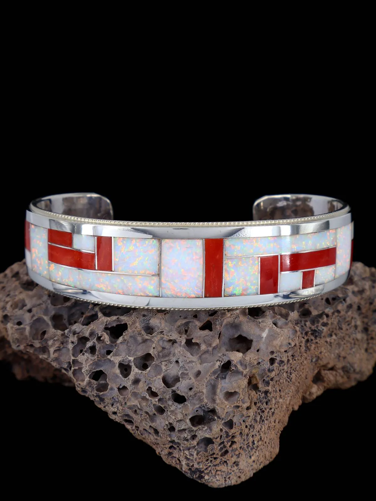 Sterling Silver Zuni Opalite and Coral Inlay Cuff Bracelet