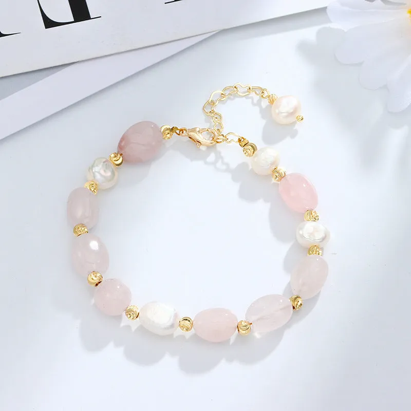 Summer Peach Blossom Crystal and Pearl Bracelet for Women
