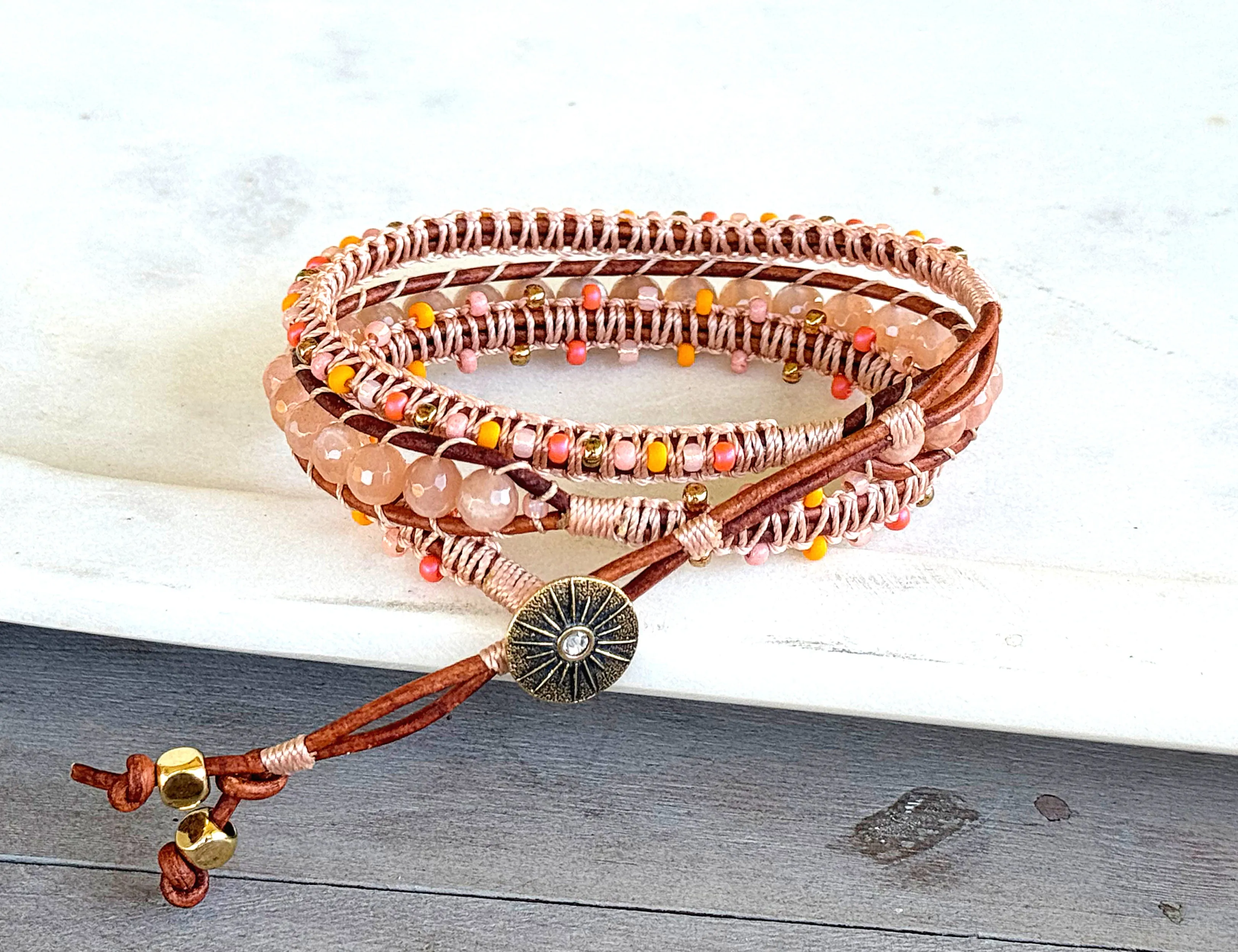 Sunshine, Peach, and Coral Sunstone and Beaded Macrame 3x Leather wrap bracelet