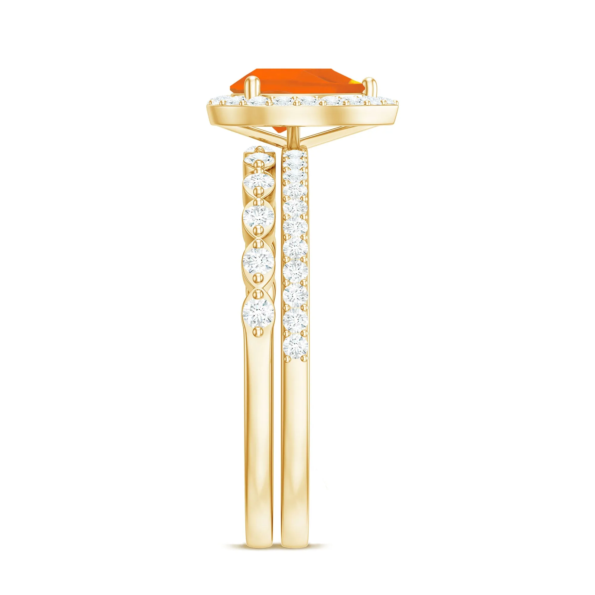 Teardrop Fire Opal Bridal Ring Set with Diamond
