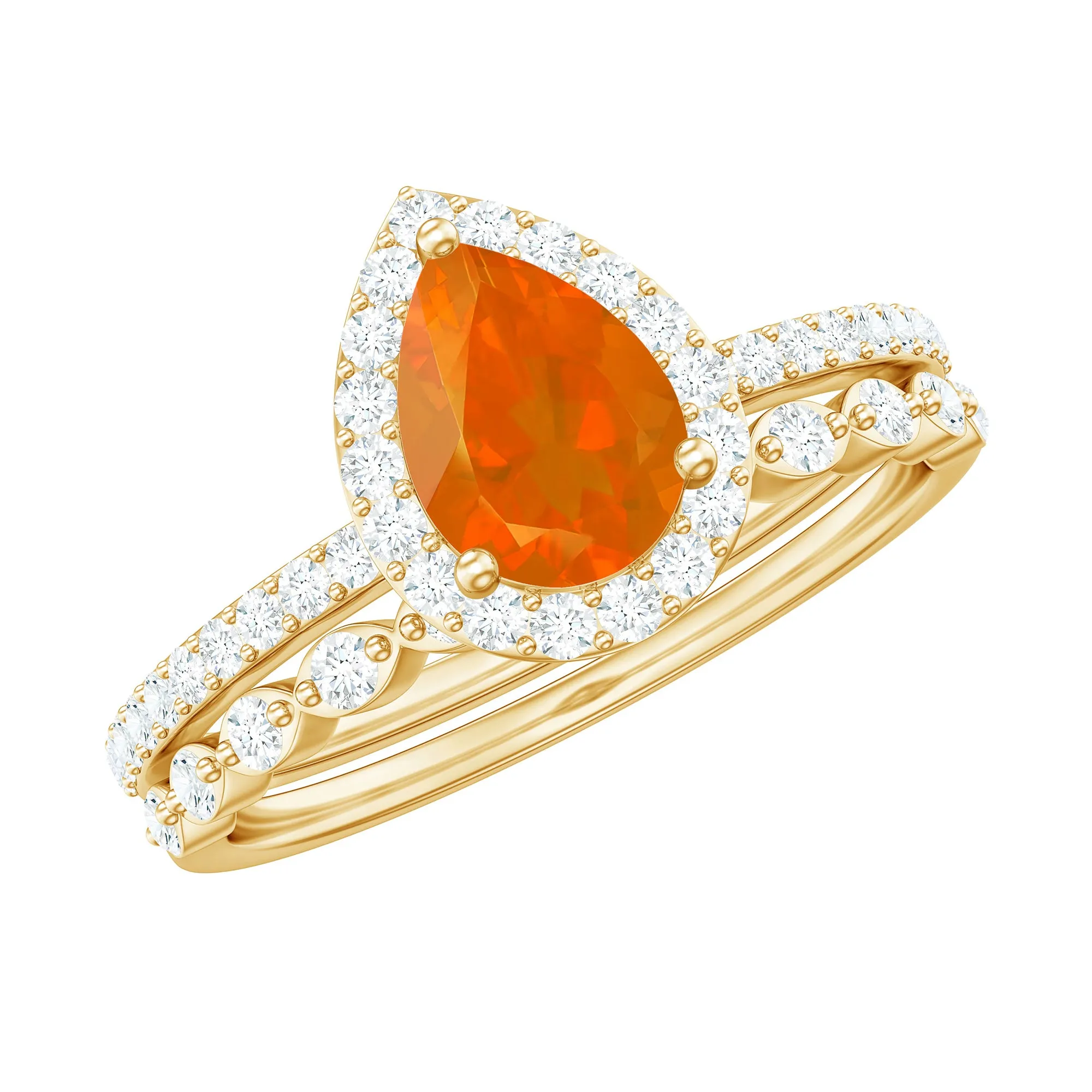 Teardrop Fire Opal Bridal Ring Set with Diamond