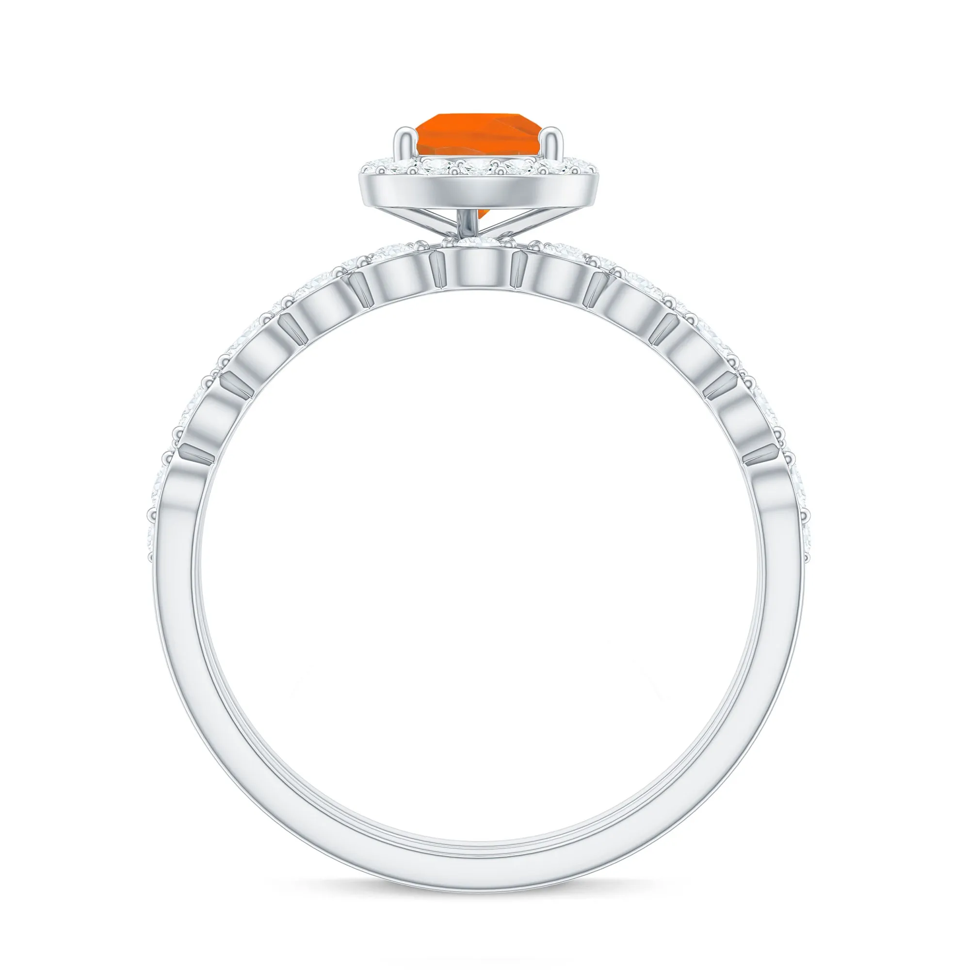 Teardrop Fire Opal Bridal Ring Set with Diamond