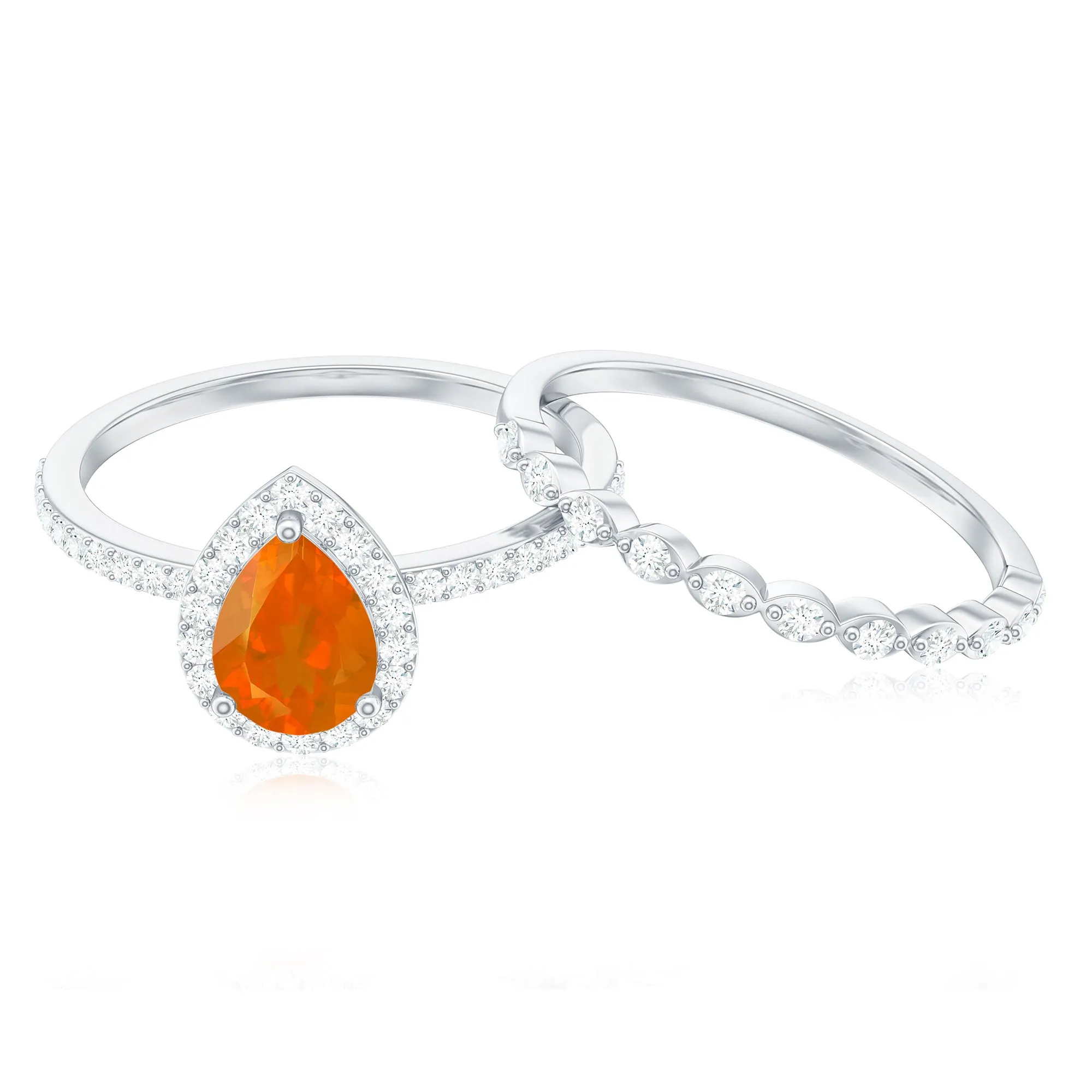Teardrop Fire Opal Bridal Ring Set with Diamond