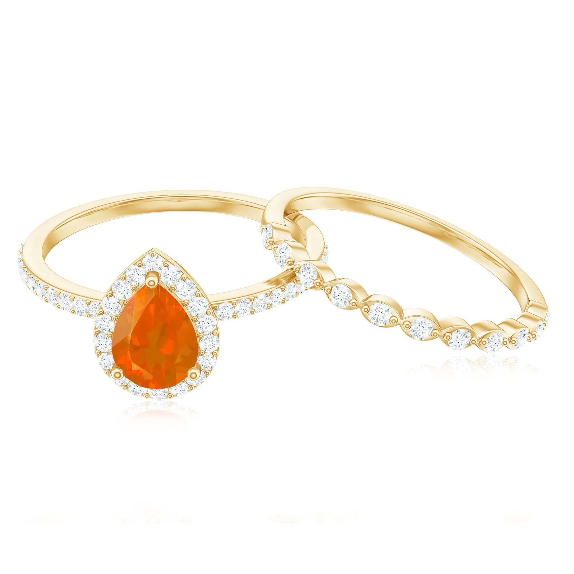 Teardrop Fire Opal Bridal Ring Set with Diamond