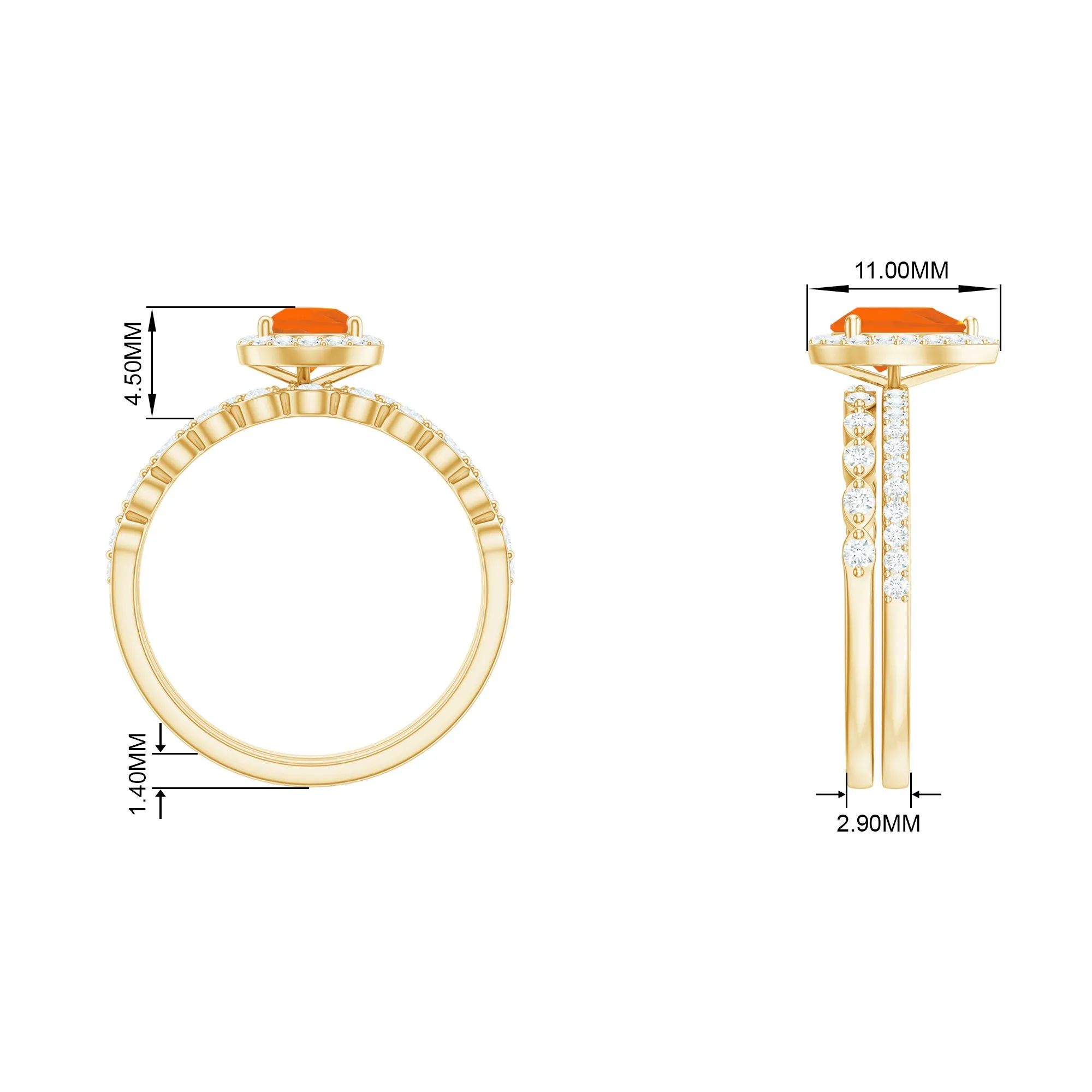 Teardrop Fire Opal Bridal Ring Set with Diamond