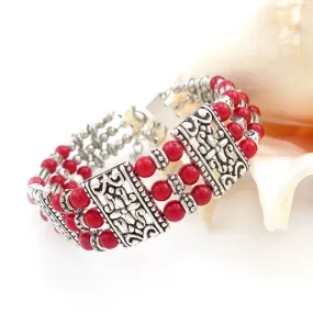 Tibetan Silver and Coral Bracelet 0.7" Wide