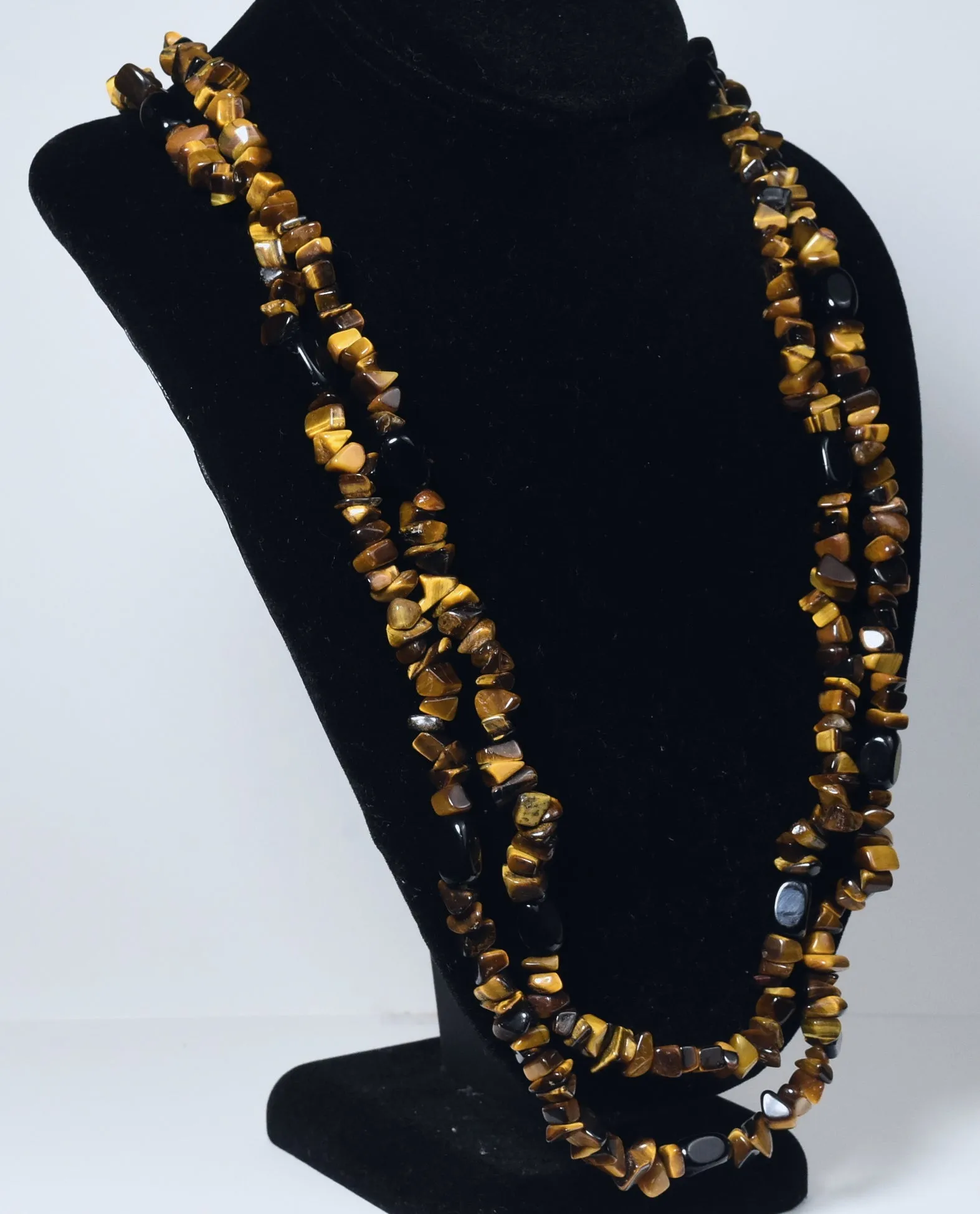 Tiger's Eye Chip and Black Onyx Bead Opera Necklace - 57 inches!