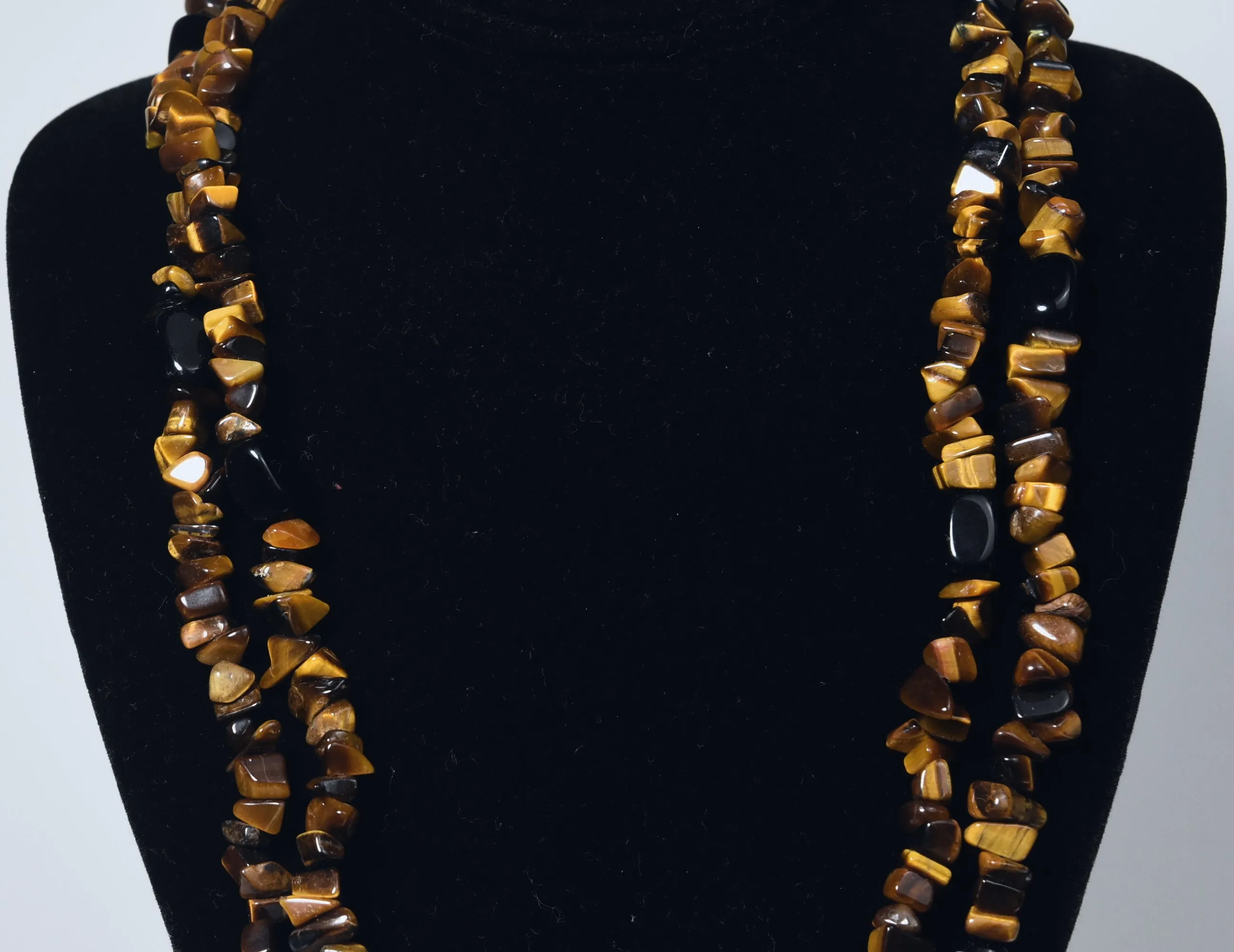 Tiger's Eye Chip and Black Onyx Bead Opera Necklace - 57 inches!