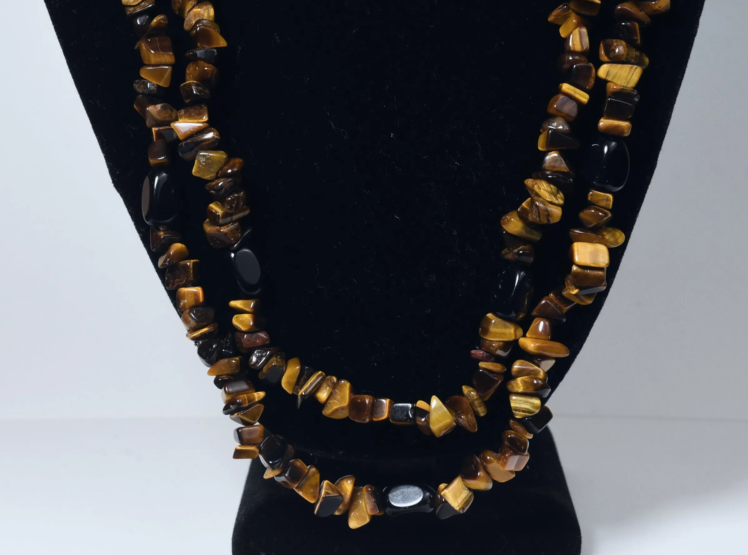 Tiger's Eye Chip and Black Onyx Bead Opera Necklace - 57 inches!