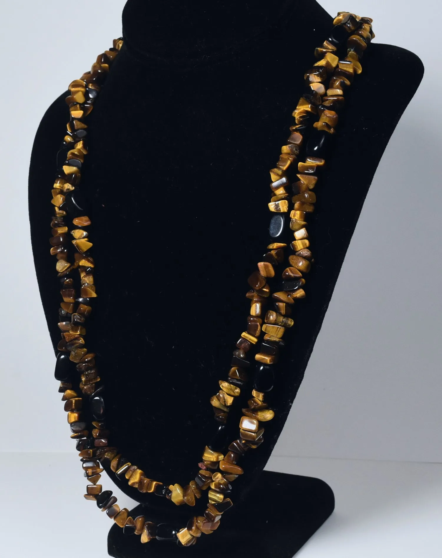 Tiger's Eye Chip and Black Onyx Bead Opera Necklace - 57 inches!