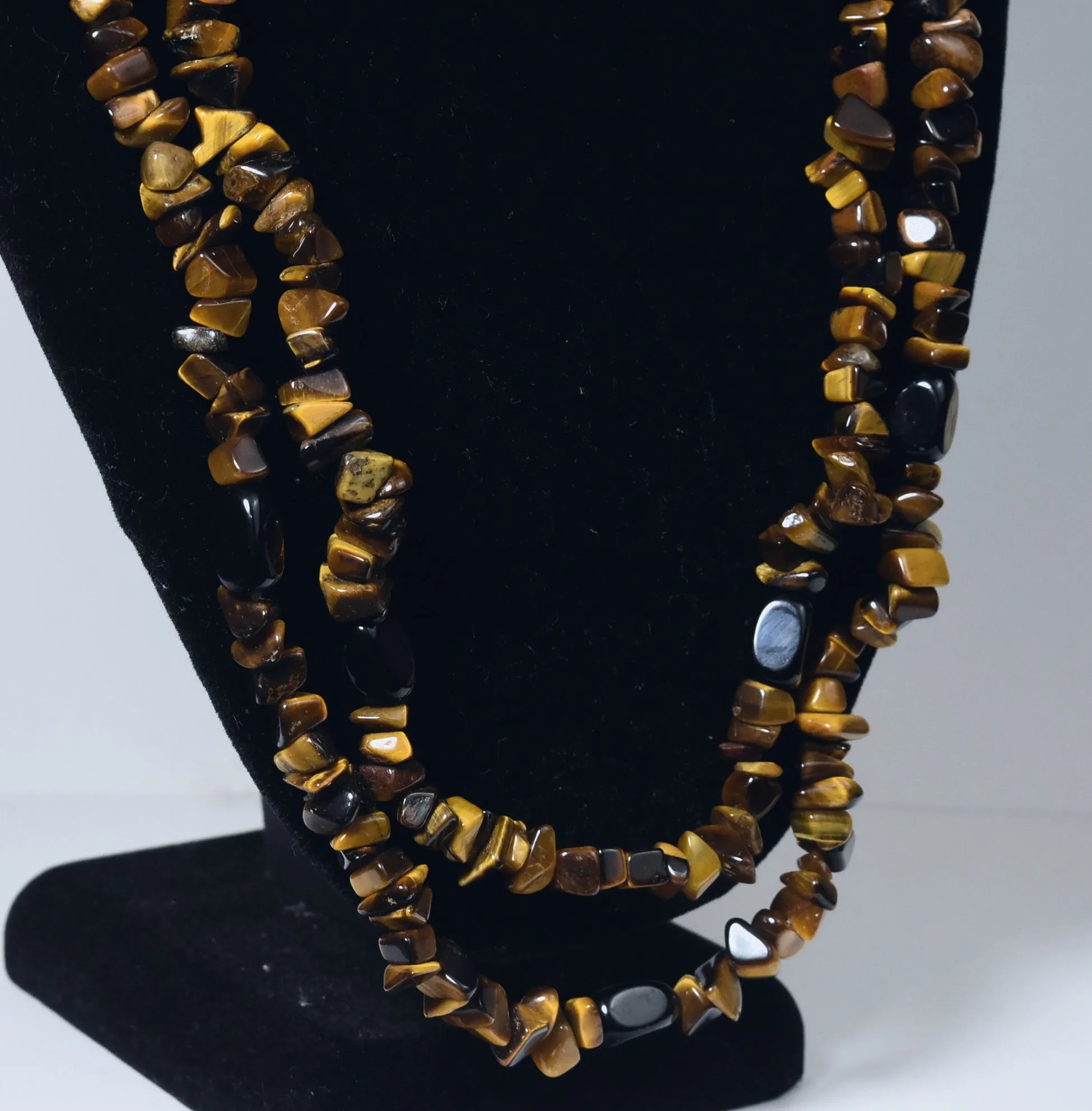 Tiger's Eye Chip and Black Onyx Bead Opera Necklace - 57 inches!