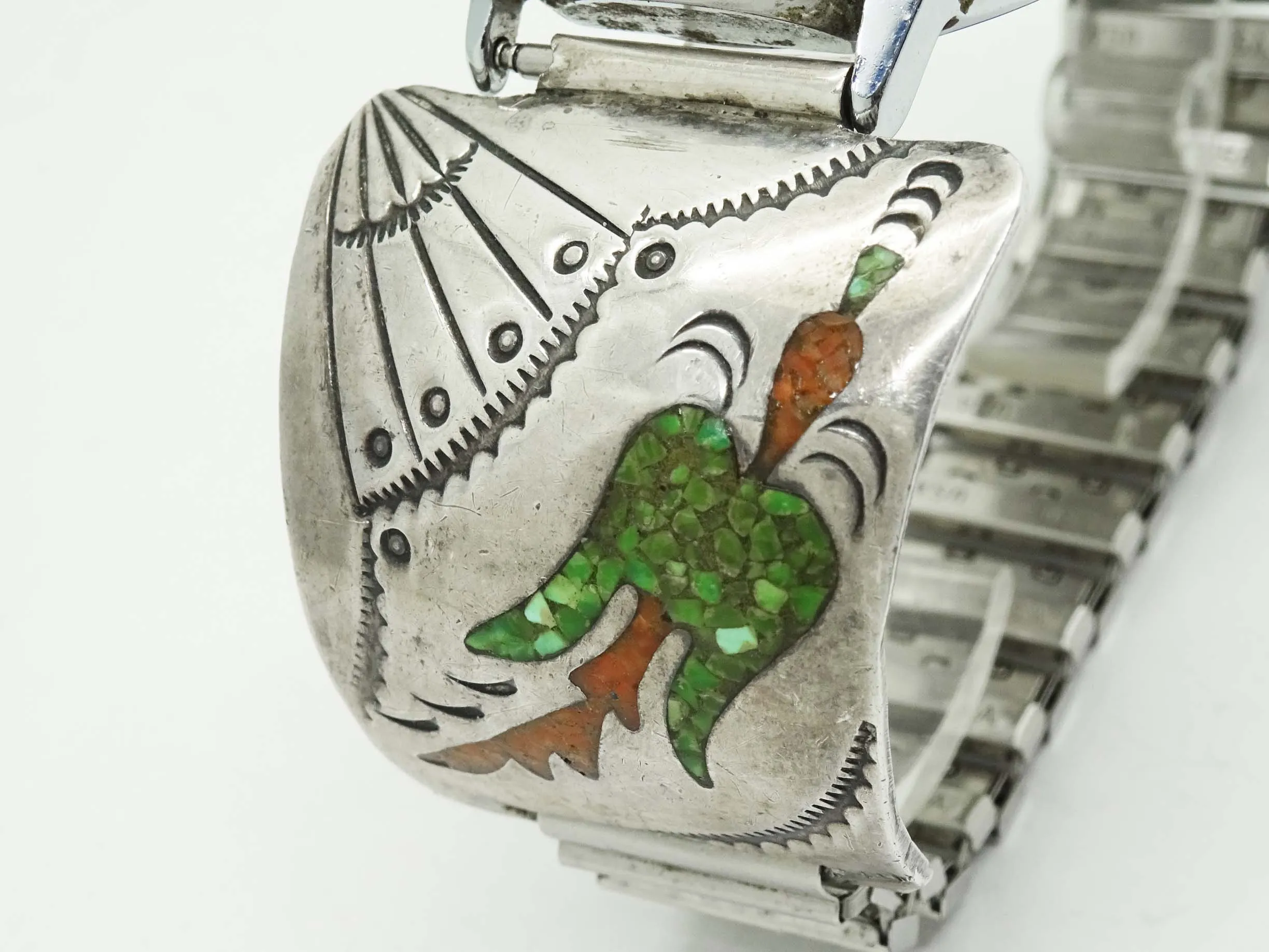 Timex Watch   Old Pawn Delvin J Nelson Thunderbird Turquoise Coral Sterling Tips