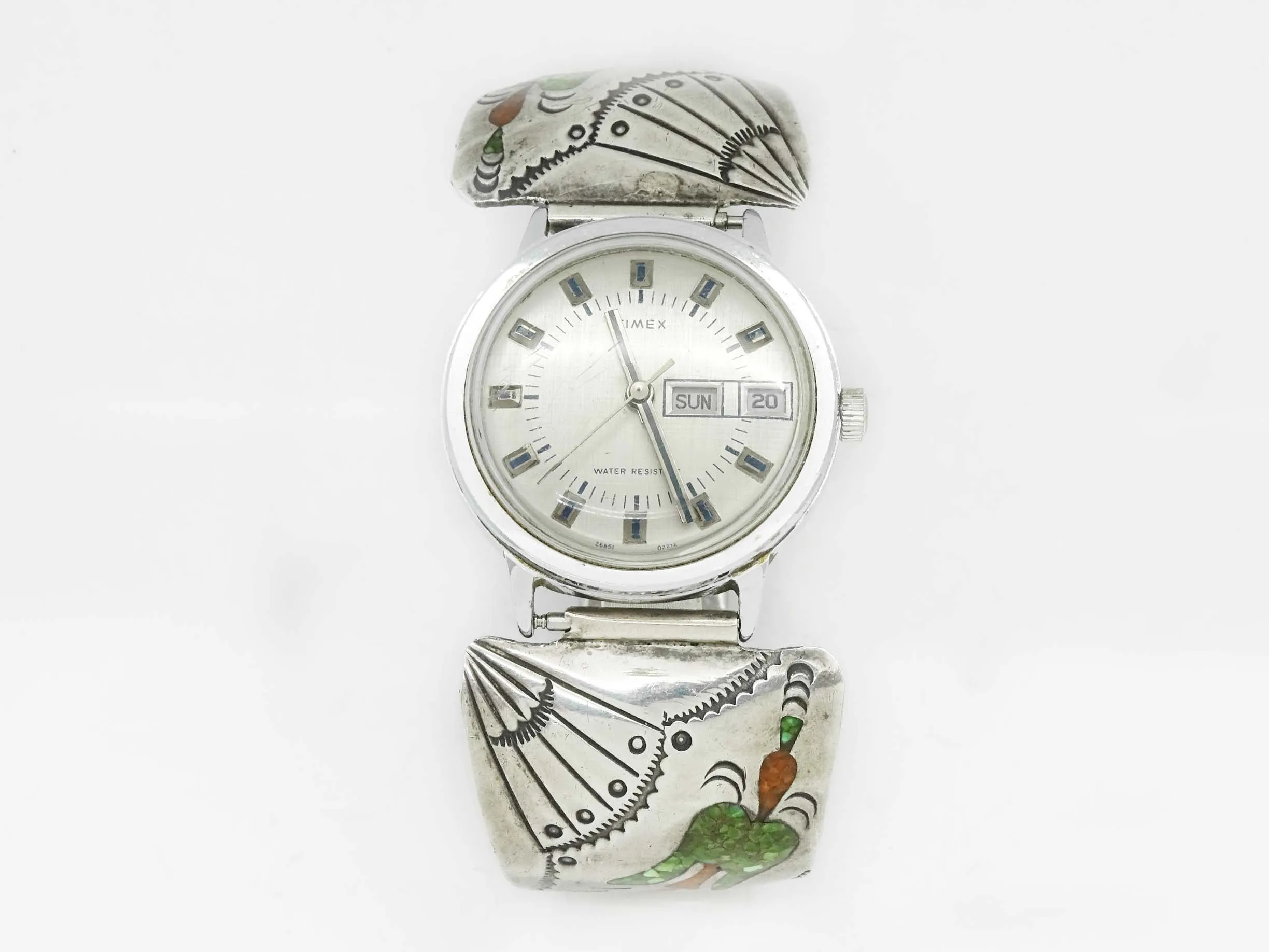 Timex Watch   Old Pawn Delvin J Nelson Thunderbird Turquoise Coral Sterling Tips