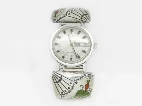 Timex Watch   Old Pawn Delvin J Nelson Thunderbird Turquoise Coral Sterling Tips
