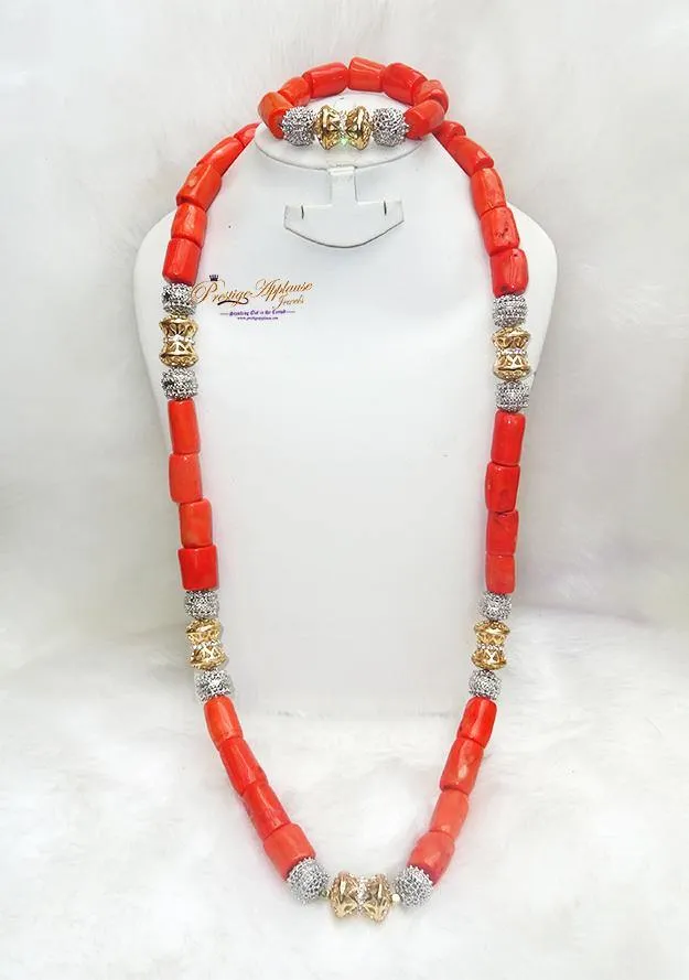 Traditional Men Women Unisex Coral Beads Silver Gold Mixed Embellished Necklace Jewellery Set
