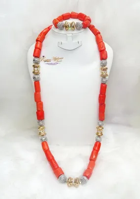 Traditional Men Women Unisex Coral Beads Silver Gold Mixed Embellished Necklace Jewellery Set