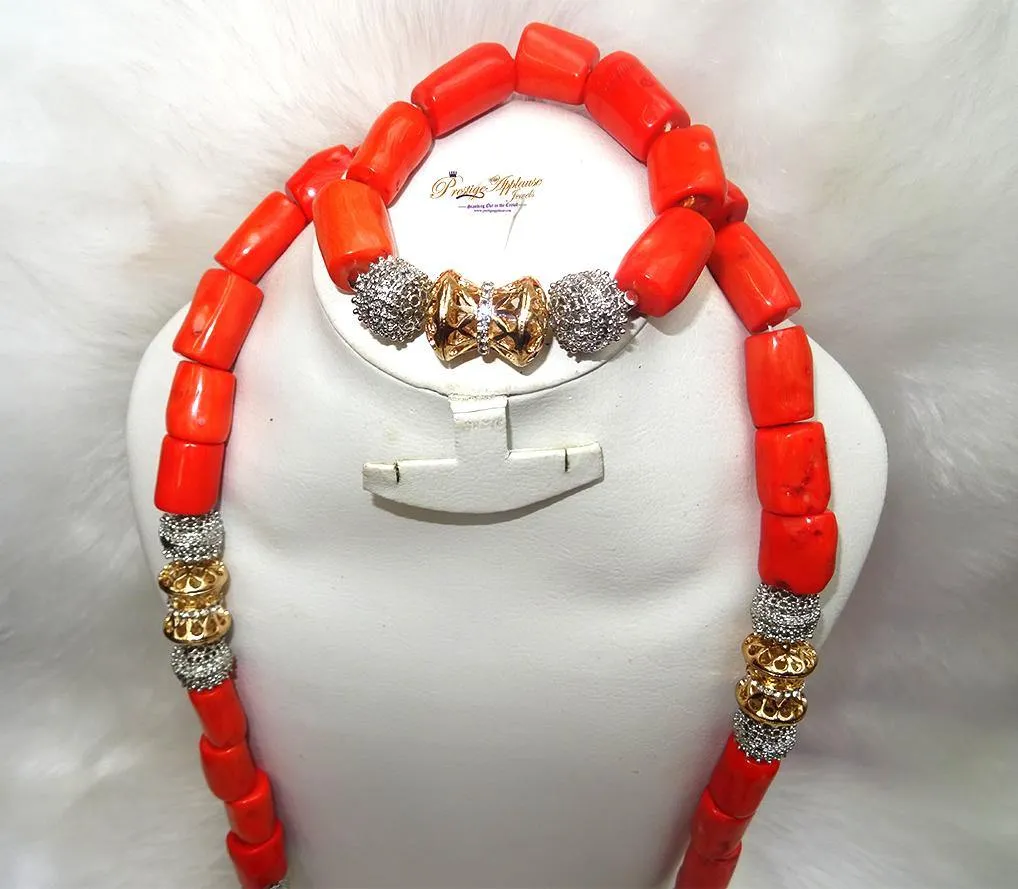 Traditional Men Women Unisex Coral Beads Silver Gold Mixed Embellished Necklace Jewellery Set