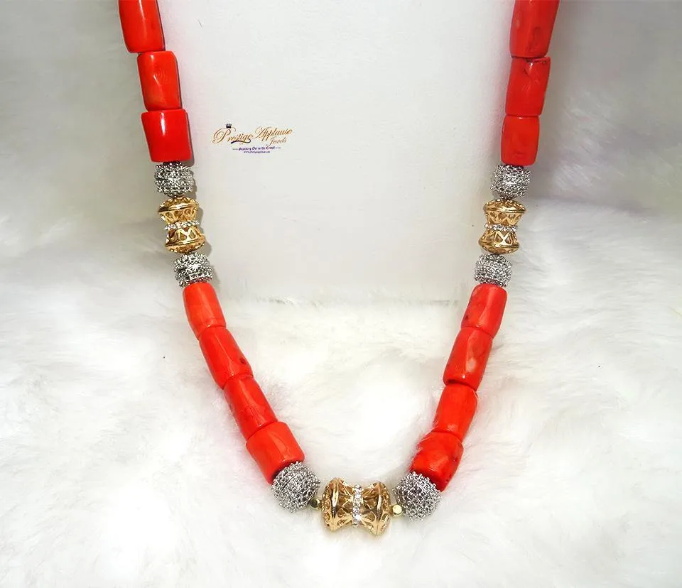 Traditional Men Women Unisex Coral Beads Silver Gold Mixed Embellished Necklace Jewellery Set