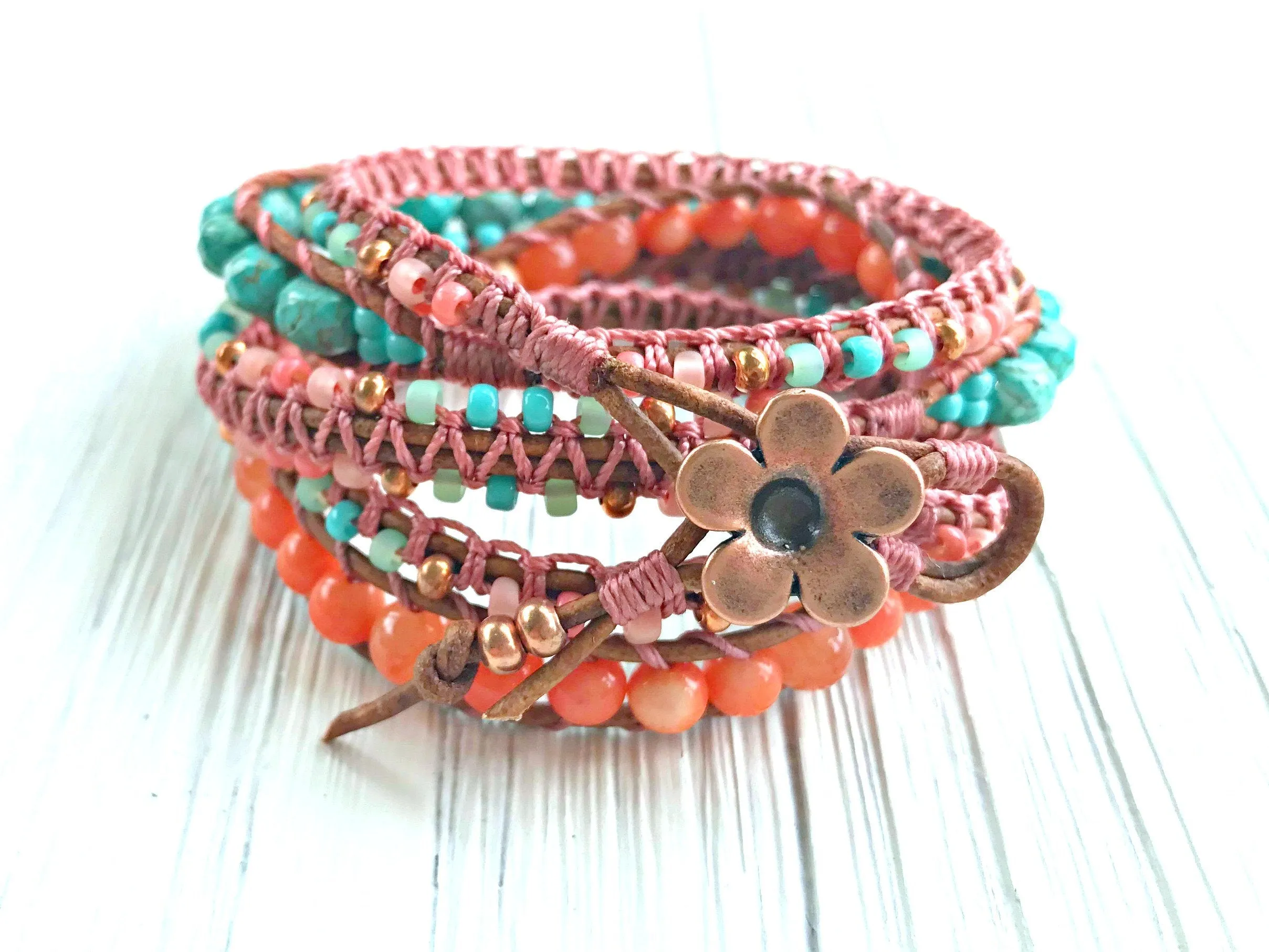 Turquoise and Coral Gemstone Macrame 5 Wrap Bracelet