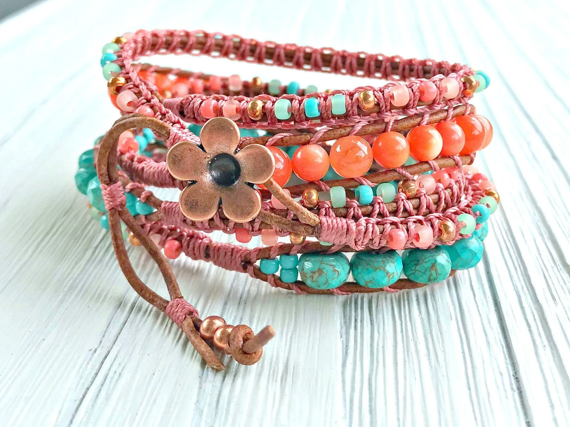 Turquoise and Coral Gemstone Macrame 5 Wrap Bracelet