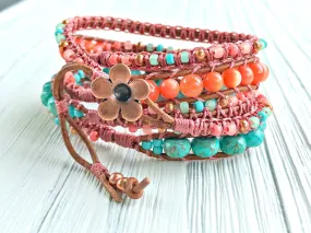 Turquoise and Coral Gemstone Macrame 5 Wrap Bracelet