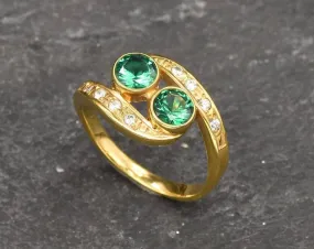 Two Stone Emerald Gold Ring, Vintage Emerald Ring, May Birthstone Ring