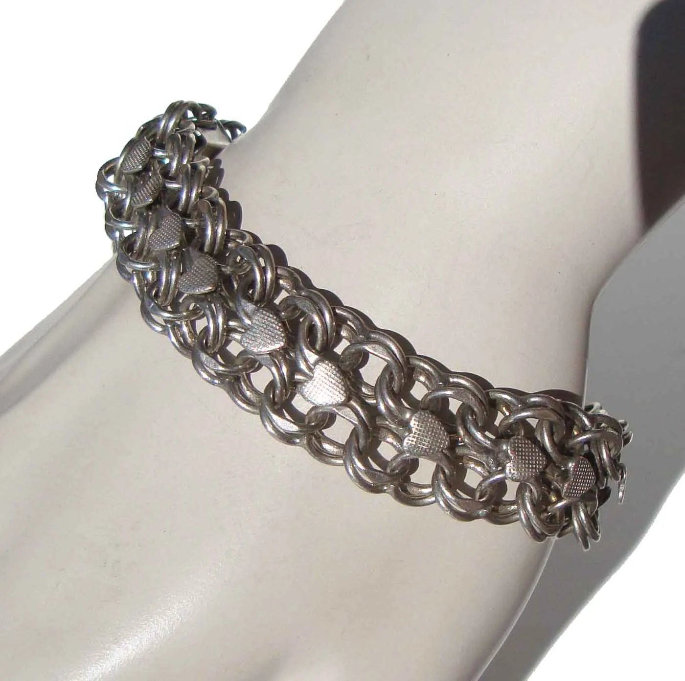Vintage 50s Sterling Silver Bracelet Triple Link w/ Hearts – Signed AR