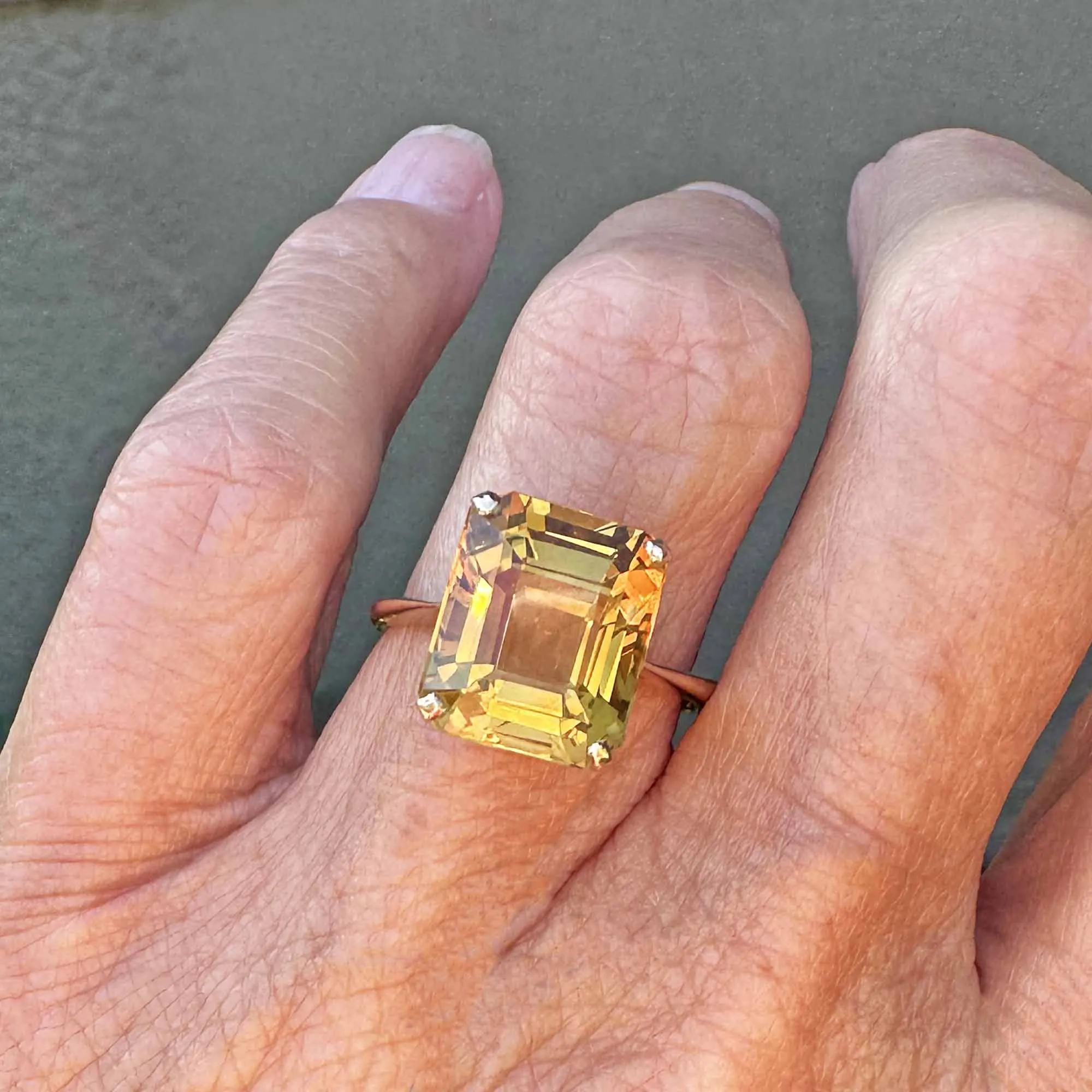Vintage Gold Emerald Step Cut 6.75 Carat Citrine Ring