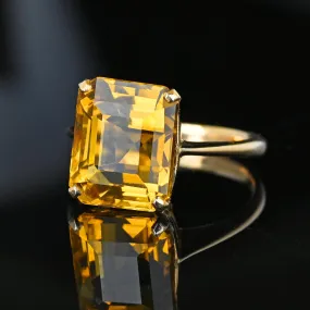Vintage Gold Emerald Step Cut 6.75 Carat Citrine Ring