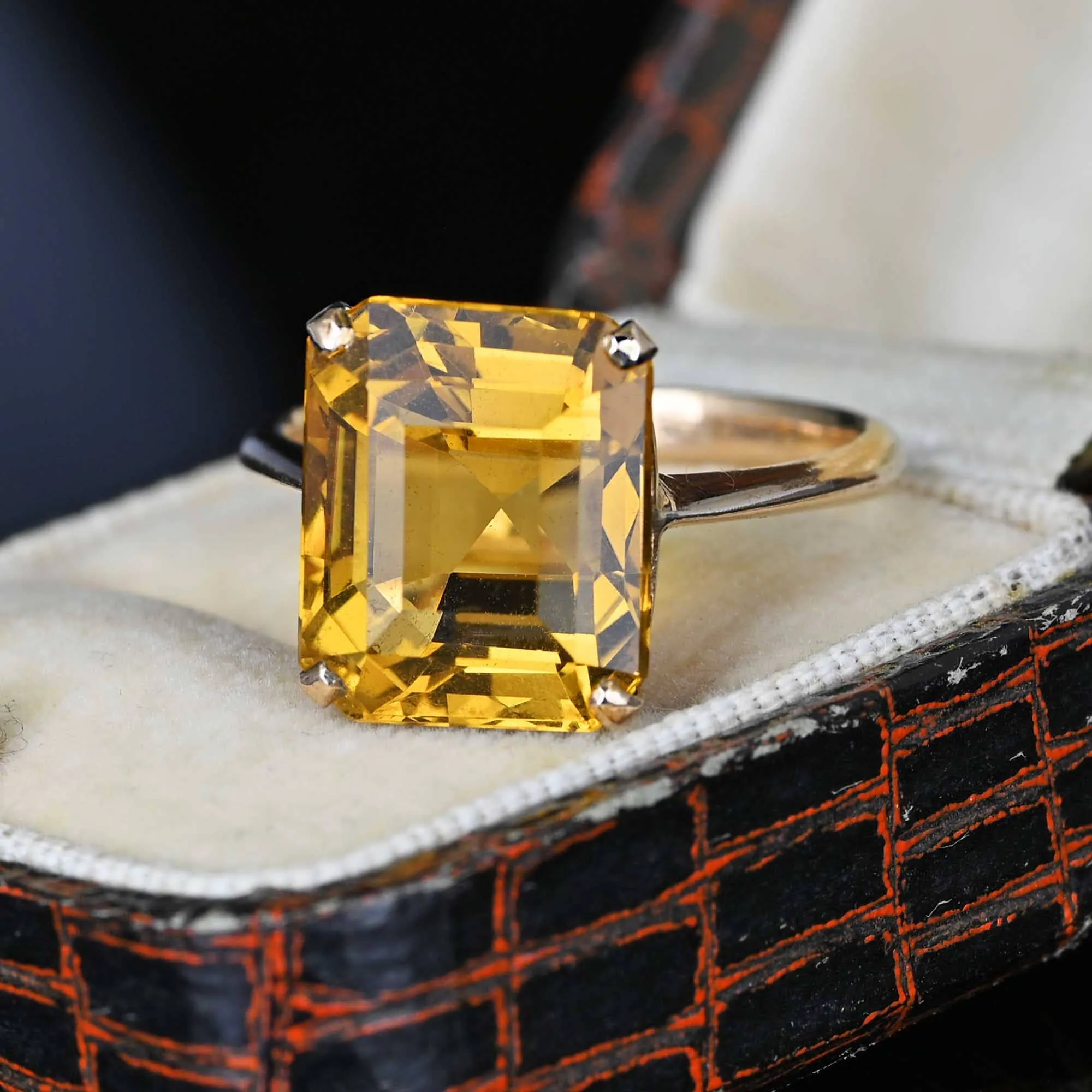 Vintage Gold Emerald Step Cut 6.75 Carat Citrine Ring