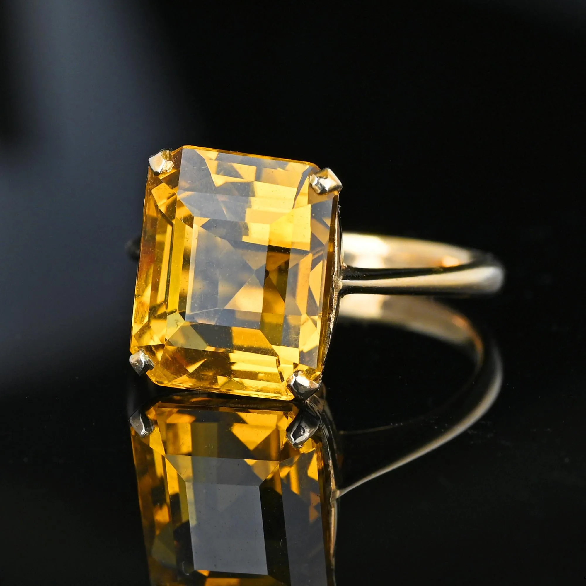 Vintage Gold Emerald Step Cut 6.75 Carat Citrine Ring
