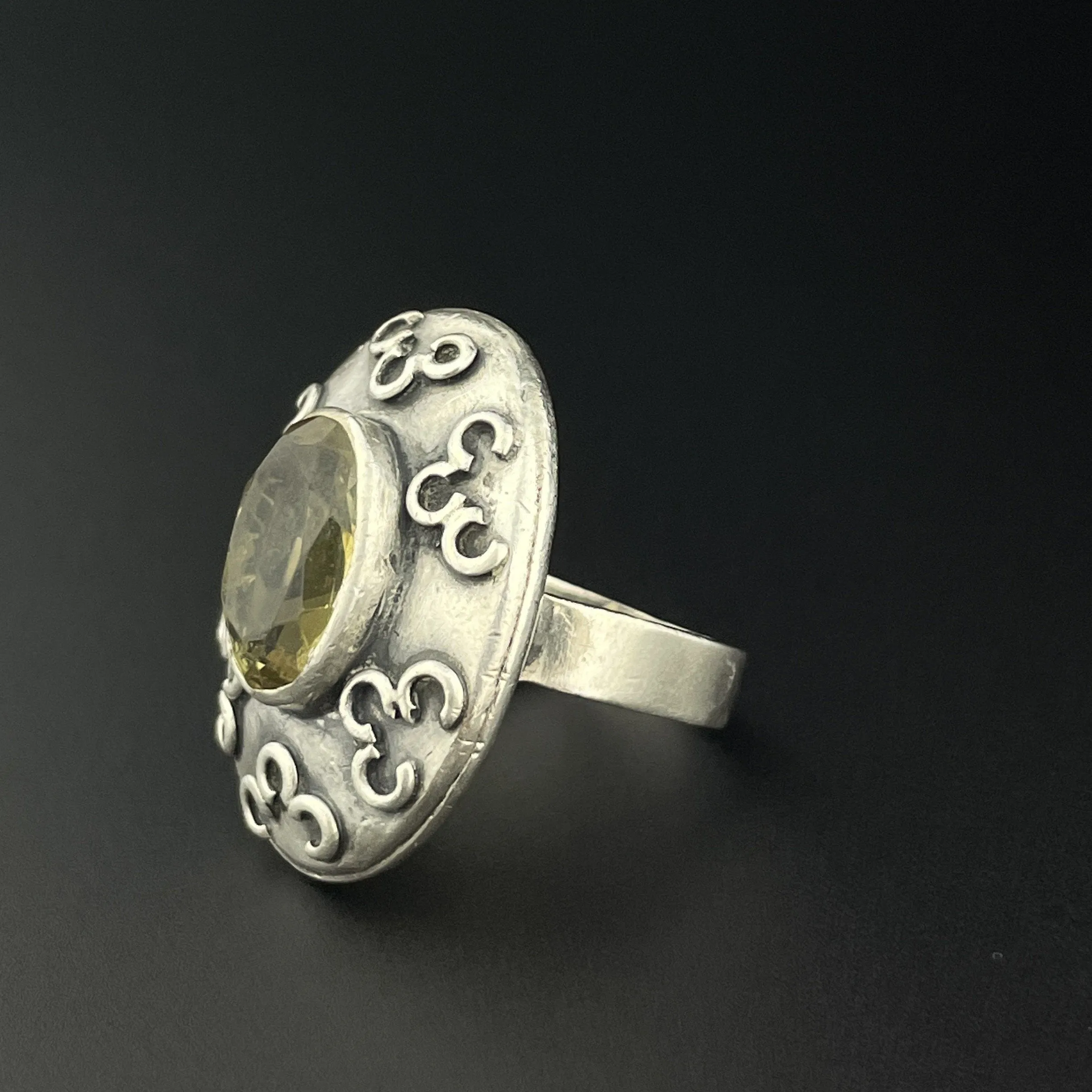 Vintage Pale Yellow Citrine Silver Statement Ring, Sz 7