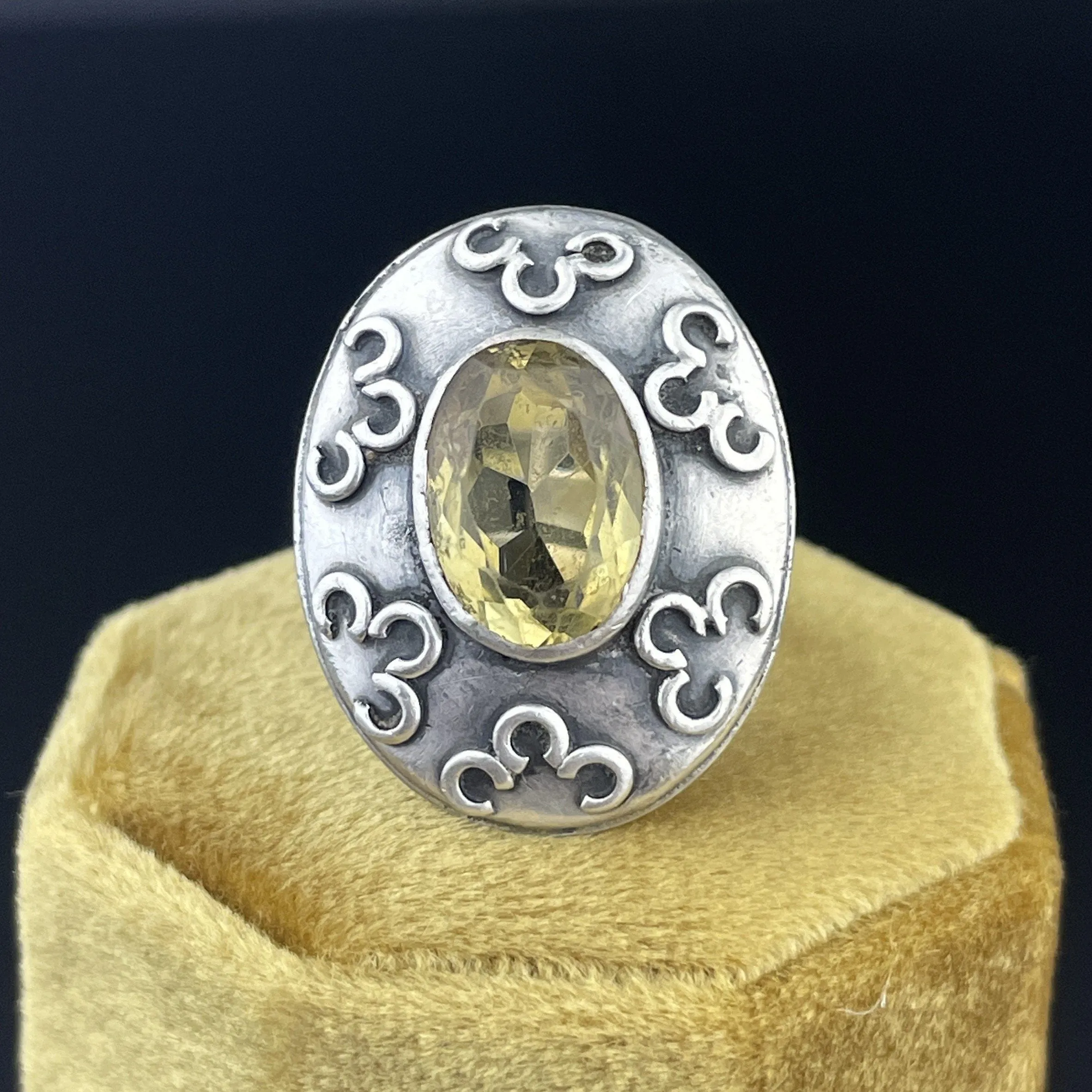 Vintage Pale Yellow Citrine Silver Statement Ring, Sz 7