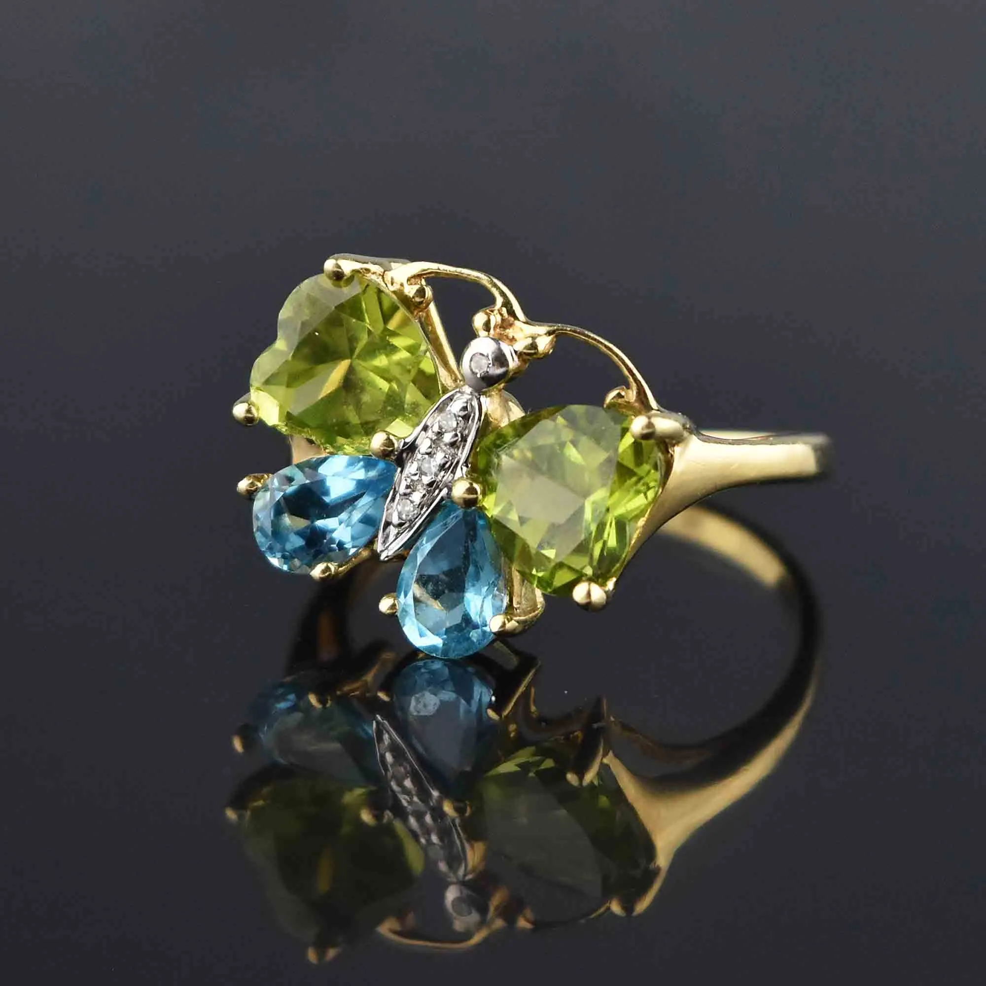 Vintage Peridot Blue Topaz Diamond Butterfly Ring