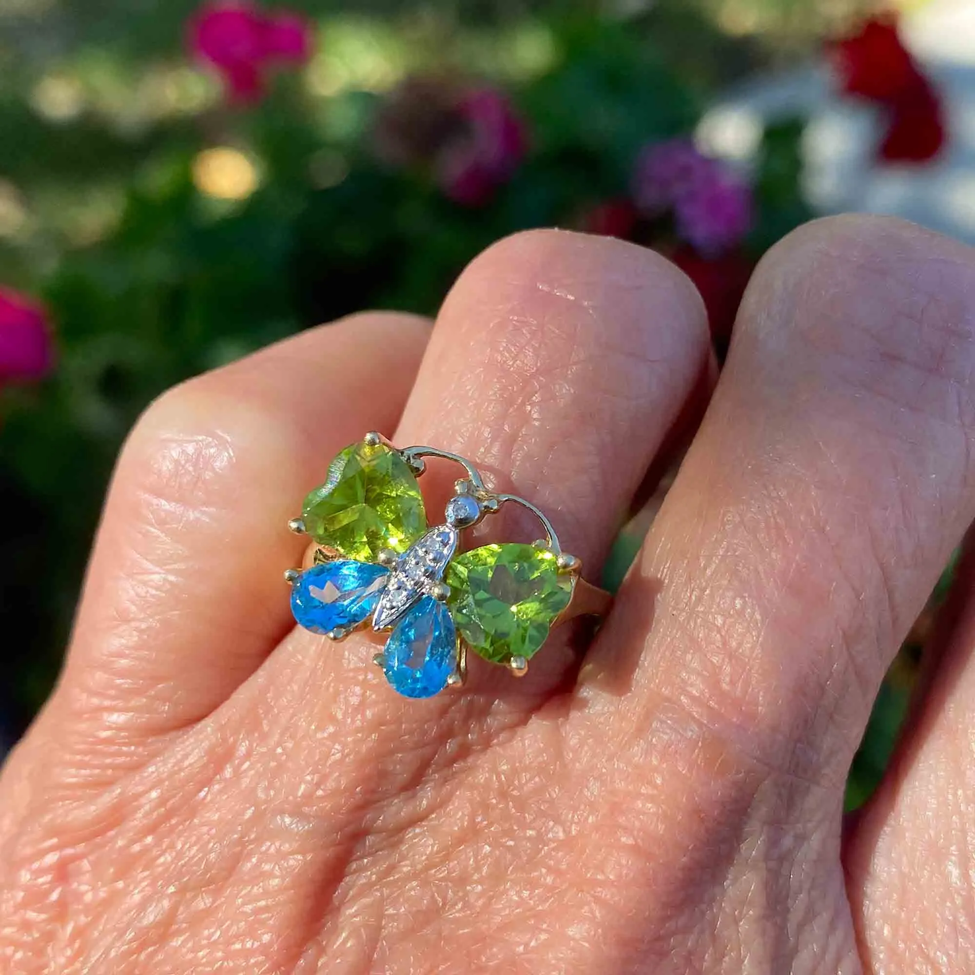 Vintage Peridot Blue Topaz Diamond Butterfly Ring