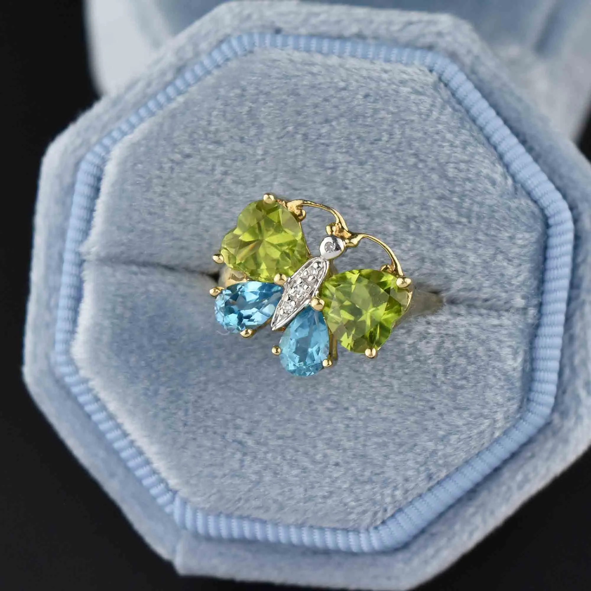 Vintage Peridot Blue Topaz Diamond Butterfly Ring
