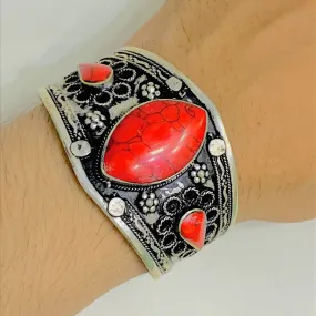 Vintage Red Stone Coral Cuff Bracelet