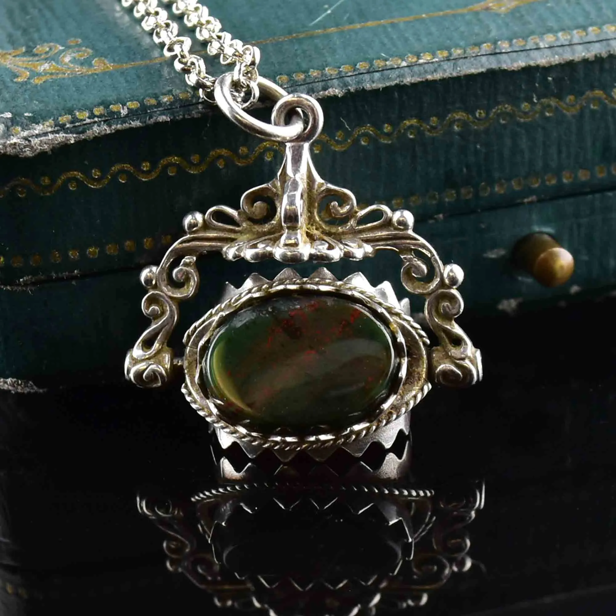 Vintage Silver Bloodstone Carnelian Spinner Watch Fob Necklace