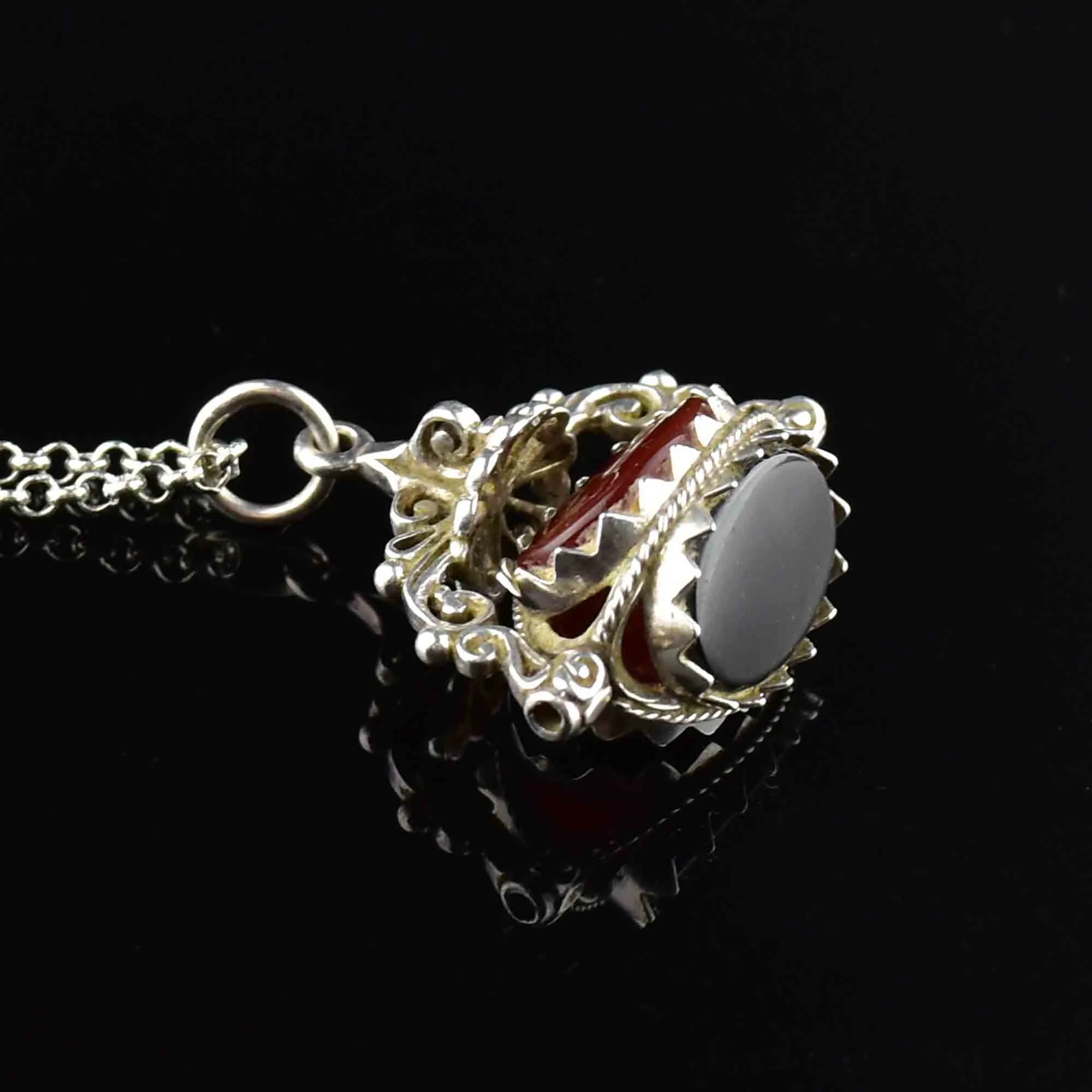 Vintage Silver Bloodstone Carnelian Spinner Watch Fob Necklace