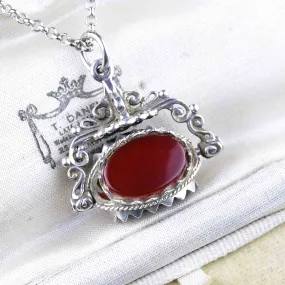 Vintage Silver Bloodstone Carnelian Spinner Watch Fob Necklace