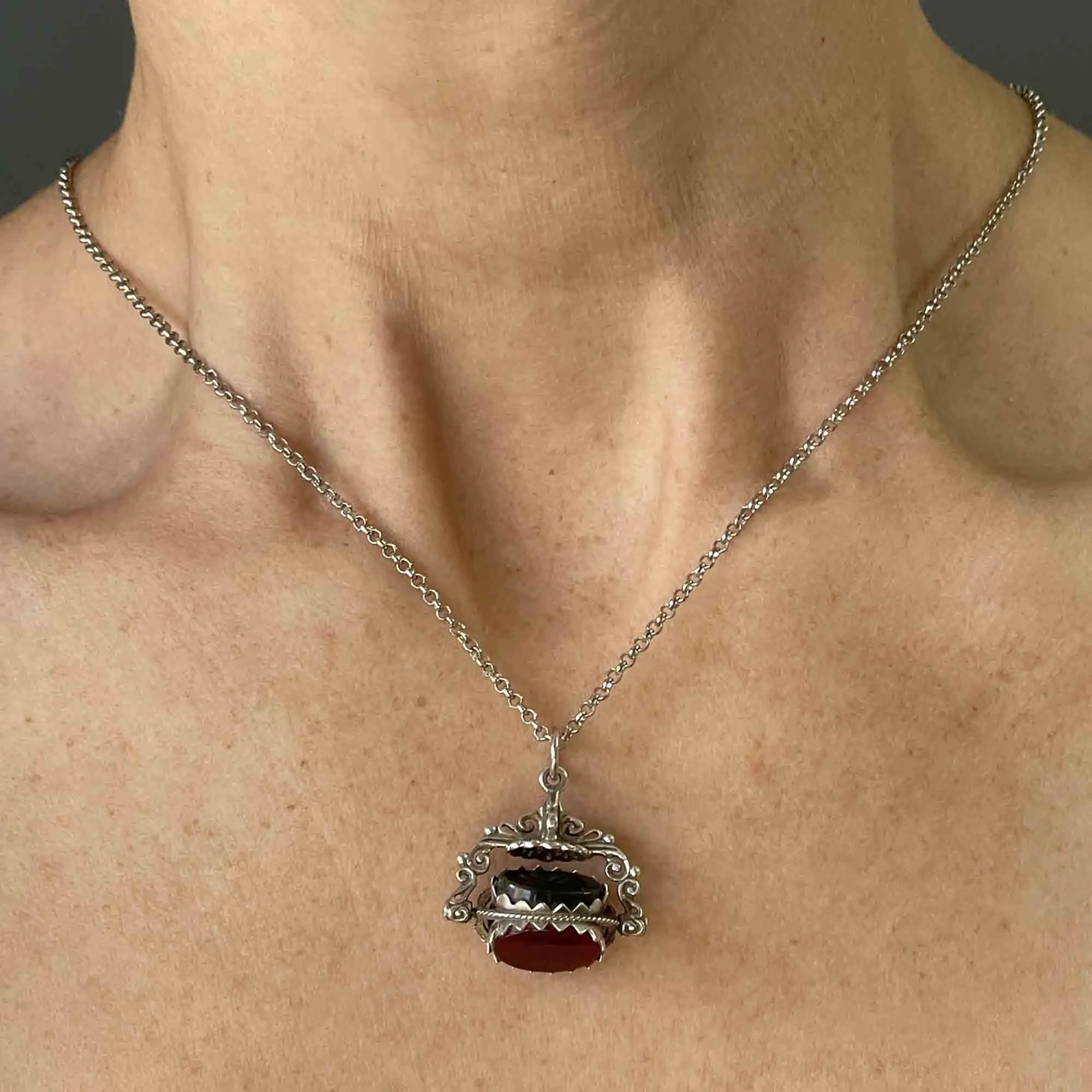 Vintage Silver Bloodstone Carnelian Spinner Watch Fob Necklace