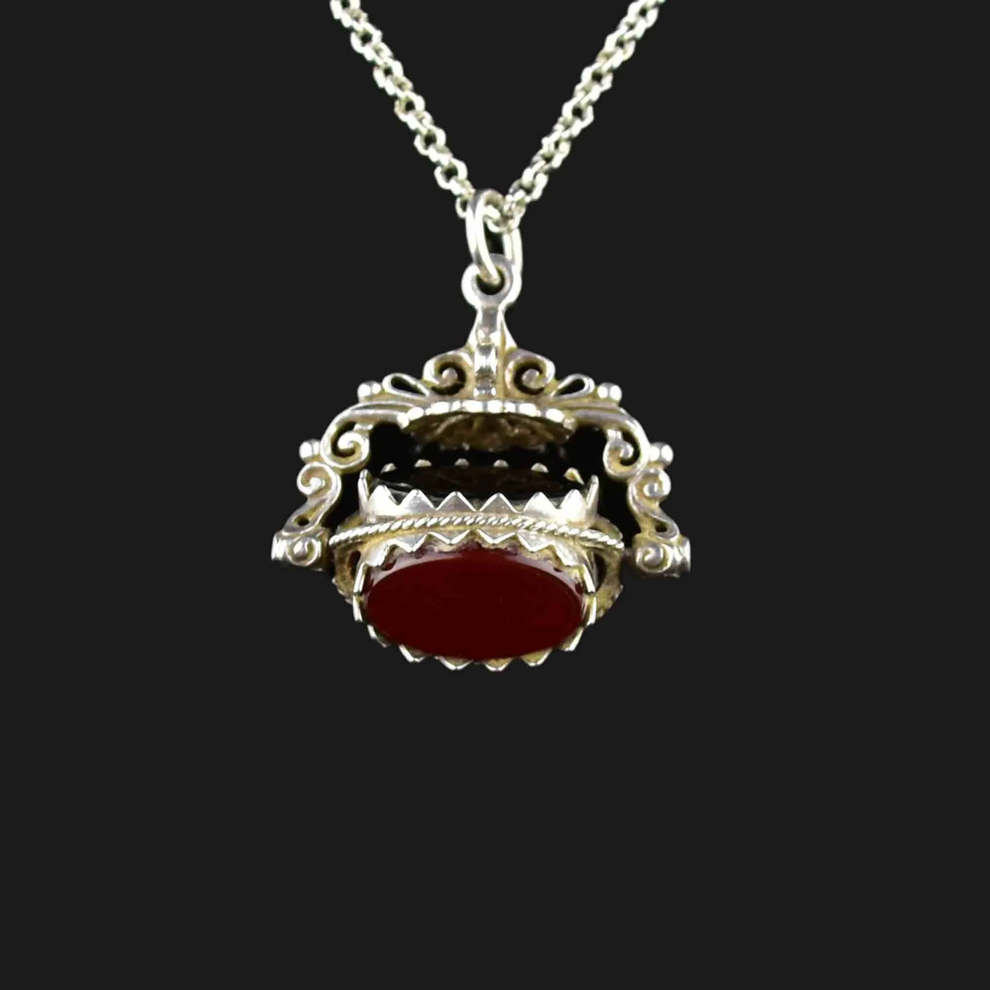 Vintage Silver Bloodstone Carnelian Spinner Watch Fob Necklace