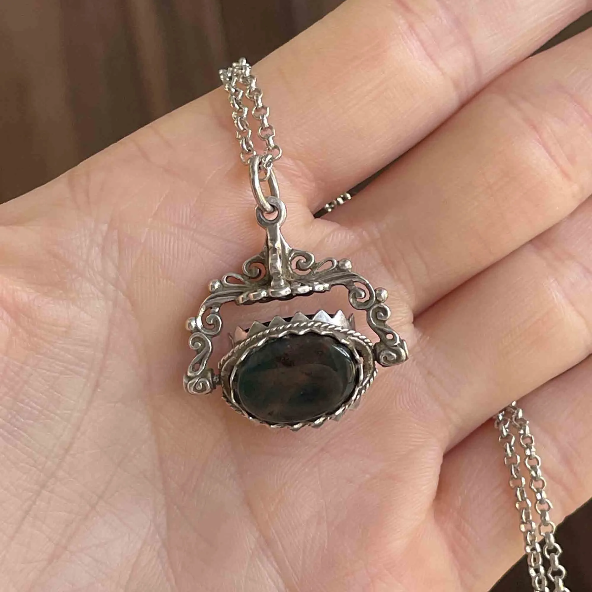 Vintage Silver Bloodstone Carnelian Spinner Watch Fob Necklace