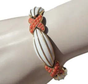 Vintage Trifari Bracelet White Enamel & Faux Coral Ballotini Beads