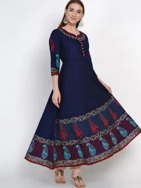 Women Tribal Coral Blue Cotton Anarkali With Ajrakh Hand Block Print